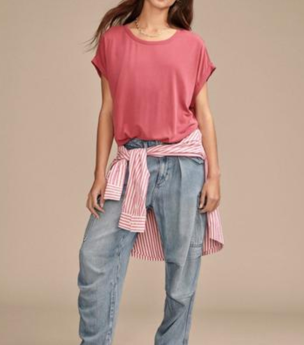 Lucky Brand Women Sandwash Dolman Short Sleeve Tee Red Bud Size L